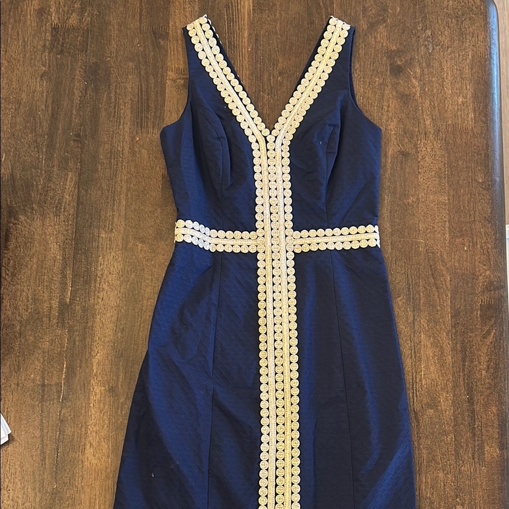 Lilly Pulitzer Blue Sheath Dress with gold Trim V-Neck